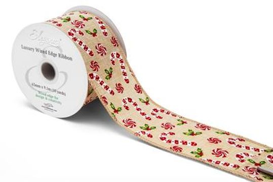 Eleganza Wired Edge Candy Cane Sweets and Holly 63mm x 9.1m No.484 - Christmas Ribbon